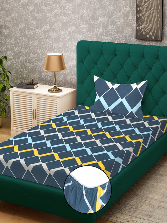 Blue Geometric 300 TC Cotton Blend Fitted Single Bedsheet in Book Fold Packing