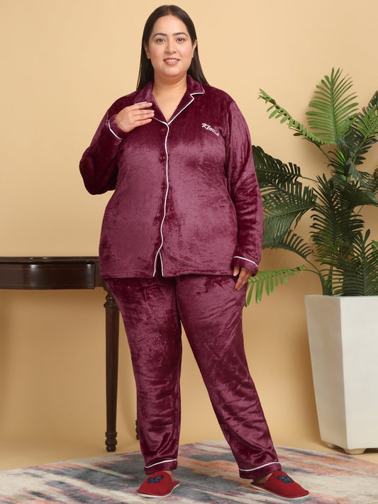 Women Maroon Solid Plus Size Woolen Night Suit