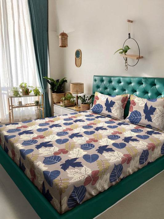 Brown Floral 300 TC Cotton Blend Double Bedsheet with 2 Pillow Covers