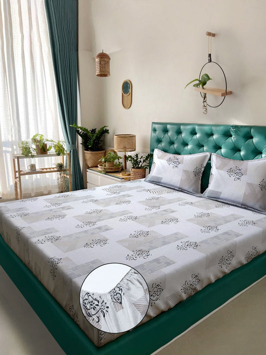 Grey Ethnic Motifs 300 TC Cotton Blend Fitted Double Bedsheet in Book Fold Packing