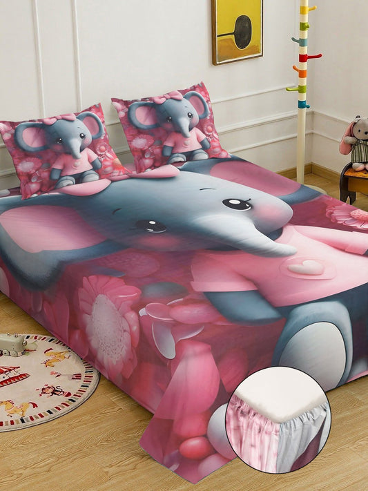 Red 7D Animal Printed Fitted Cotton Blend Double Bedsheet with 2 Pillow Covers