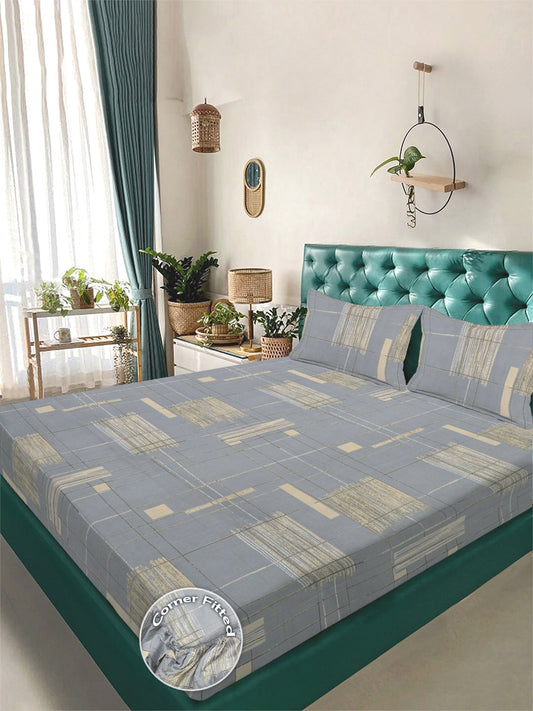 Grey Geometric 300 TC Cotton Blend Fitted Double Bedsheet with 2 Pillow Covers