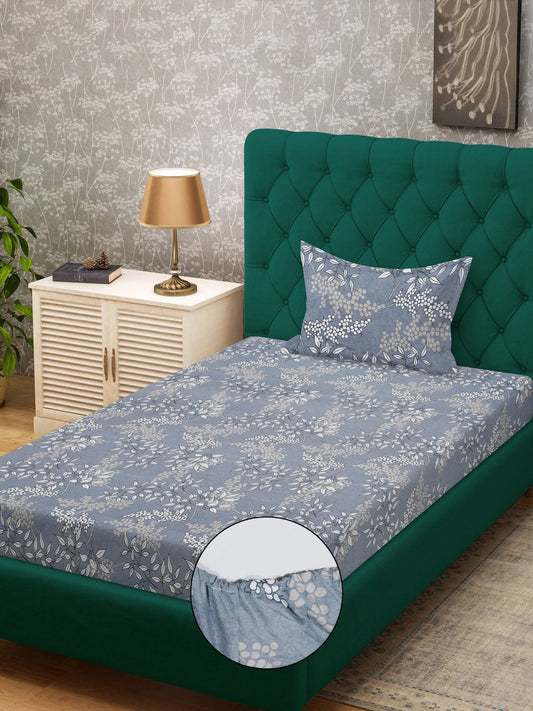 Grey Floral 300 TC Cotton Blend Fitted Single Bedsheet in Book Fold Packing
