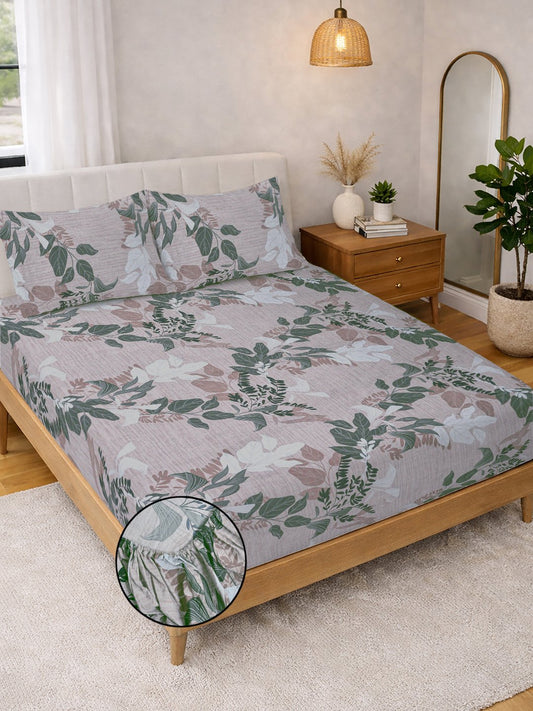Multi Floral Cotton Blend Fitted Double Bedsheet with 2 Pillow Covers