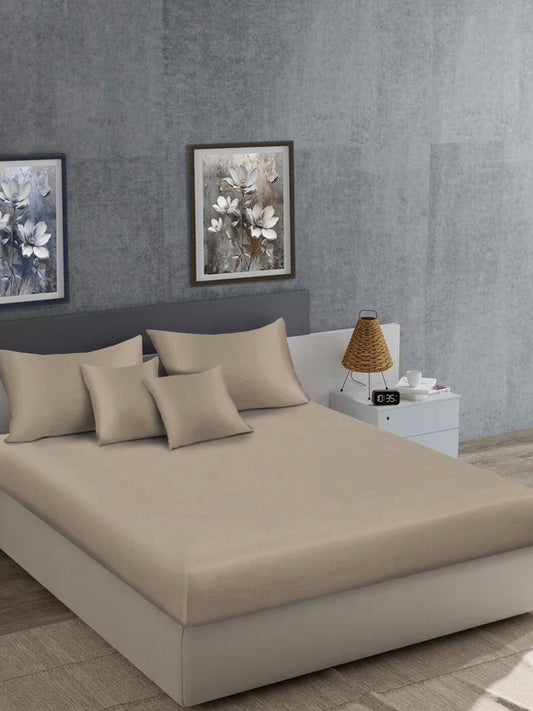 Beige Solid 400 TC Satin Super King Double Bedsheet with 2 Pillow Covers & 2 Cushion Covers
