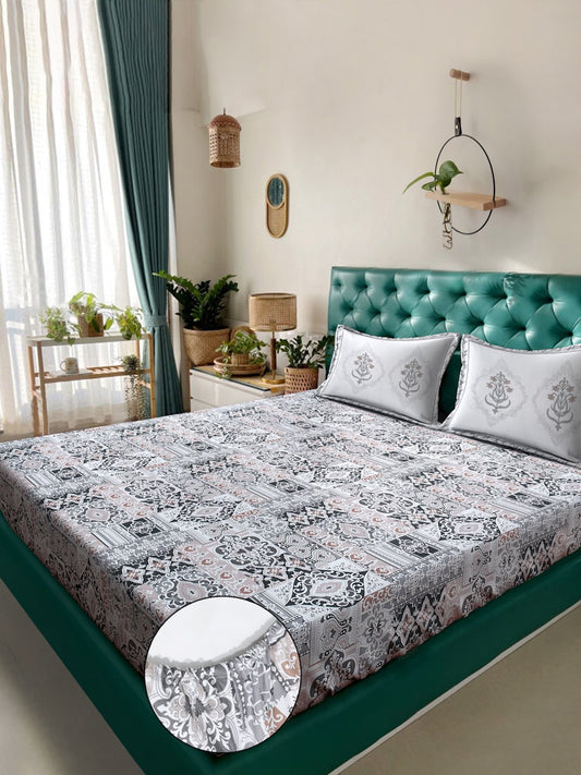 Multi Ethnic Motifs 400 TC Pure Cotton Super King Fitted Double Bedsheet with 2 Pillow Covers