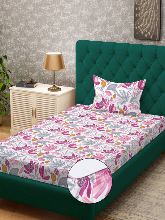 Multi Floral 300 TC Cotton Blend Fitted Single Bedsheet Set in Book Fold Packing
