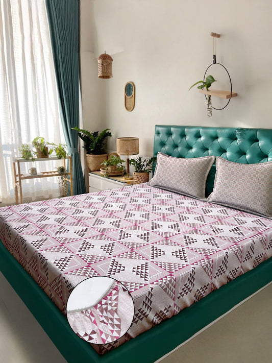 Pink Geometric 400 TC Pure Cotton Fitted Double Bedsheet with 2 Pillow Covers