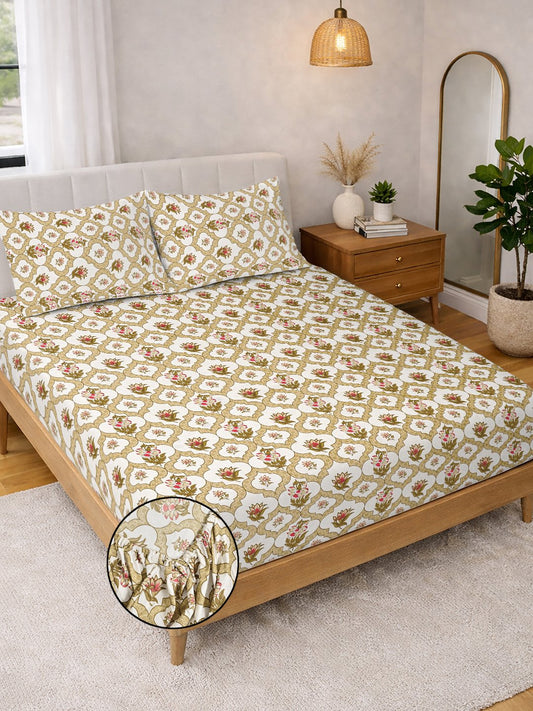Yellow Floral Cotton Blend Fitted Double Bedsheet with 2 Pillow Covers