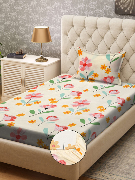 Klotthe Cream Floral 300 TC Cotton Blend Fitted Single Bedsheet with Pillow Cover