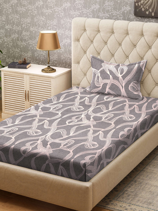 Klotthe Grey Abstract 300 TC Cotton Blend Single Bedsheet with Pillow Cover