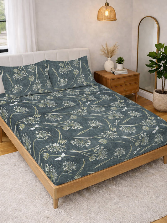 Green Floral Cotton Blend Double Bedsheet with 2 Pillow Covers