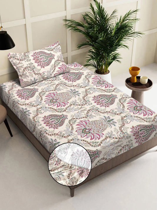 Multi Floral 300 TC Cotton Blend Fitted Single Bedsheet in Book Fold Packing