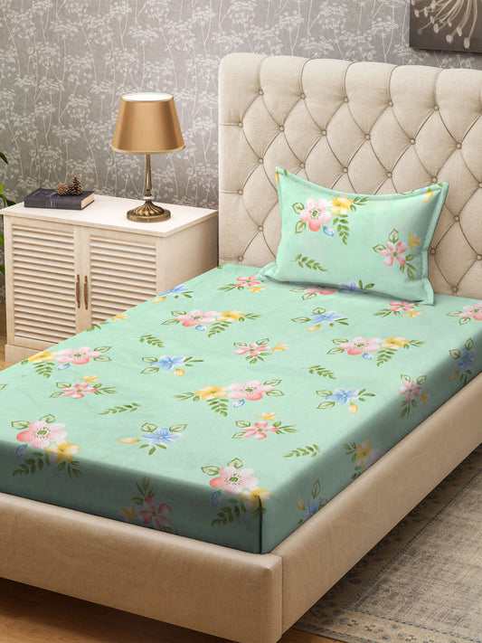 Klotthe Green Floral 300 TC Cotton Blend Single Bedsheet with Pillow Cover