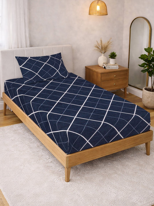 Blue Geometric Cotton Blend Single Bedsheet with Pillow Cover