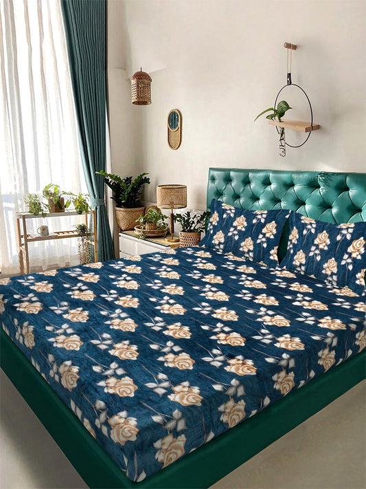 Turquoise Floral Super King Woolen Double Bedsheet with 2 Pillow Covers