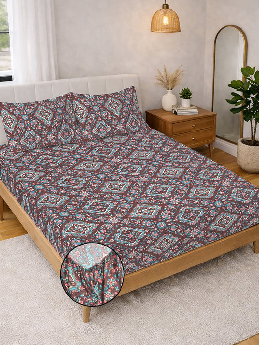 Brown Floral Fitted Fitted Cotton Blend Double Bedsheet with 2 Pillow Covers