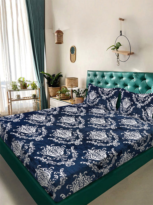 Blue Floral Super King Woolen Double Bedsheet with 2 Pillow Covers