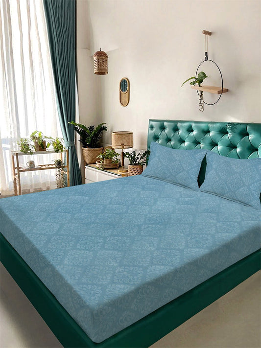 Turquoise Floral Embossed Cotton Blend Double Bedsheet with 2 Pillow Covers