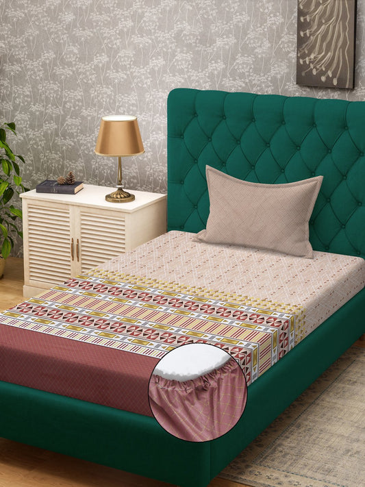 Beige Ethnic Motifs 400 TC Pure Cotton Fitted Single Bedsheet with Pillow Cover