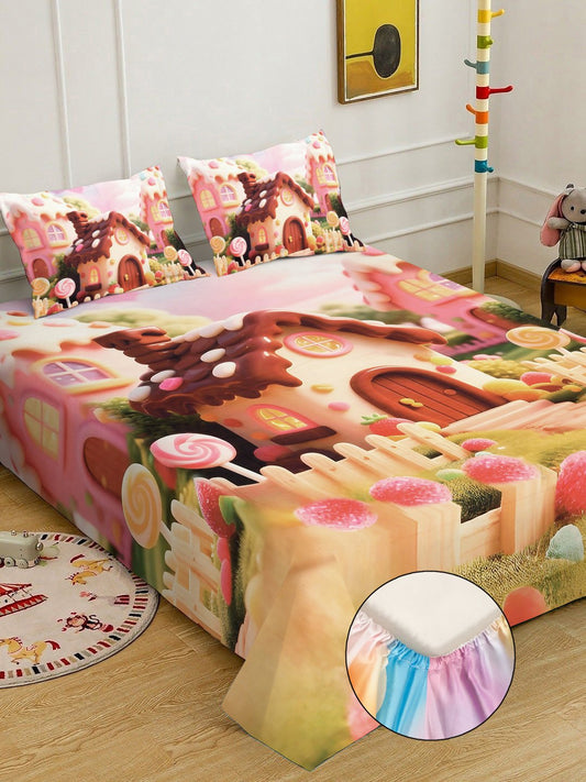 Multi 7D Cartoon Characters Printed Fitted Cotton Blend Double Bedsheet with 2 Pillow Covers
