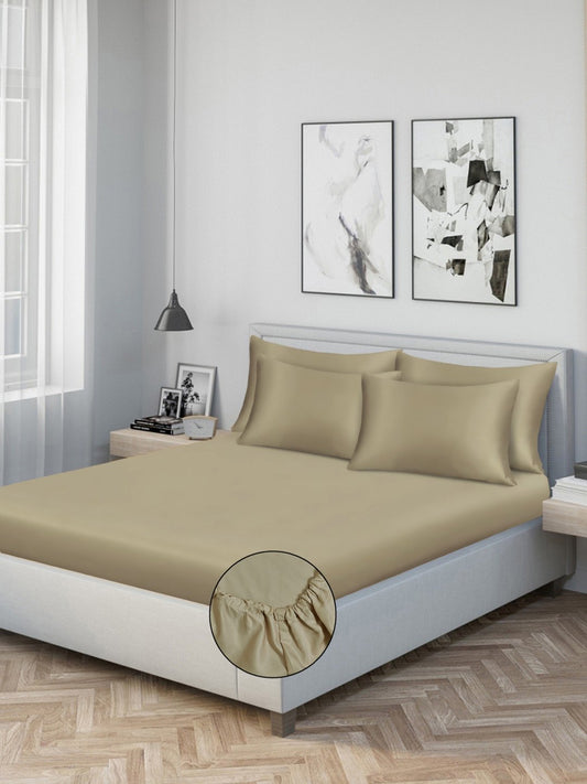 Beige Solid 300 TC Cotton Blend Fitted Double Bedsheet with 4 Pillow Covers