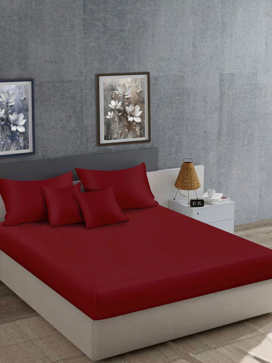Maroon Solid 400 TC Satin Super King Double Bedsheet with 2 Pillow Covers & 2 Cushion Covers