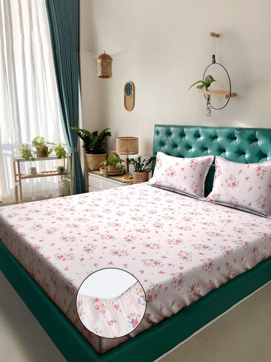 Book Fold Pink Floral 300 TC Cotton Blend Fitted Double Bedsheet with 2 Pillow Covers
