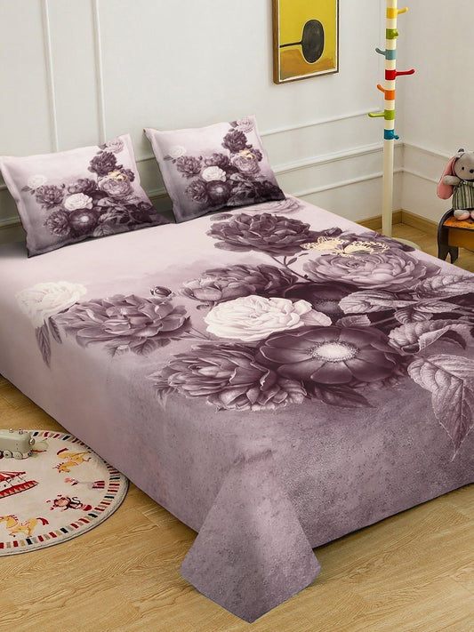 Wine Digital Floral Printed Cotton Blend Double Bedsheet with 2 Pillow Covers
