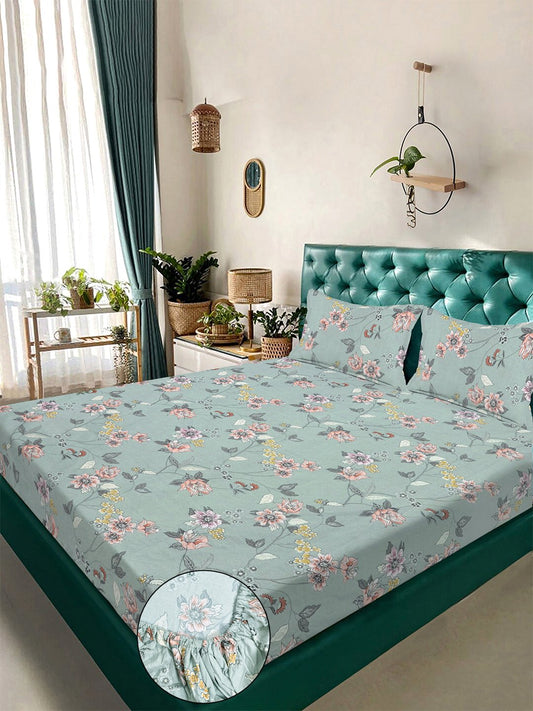 Green Floral 300 TC Cotton Blend Fitted Double Bedsheet with 2 Pillow Covers
