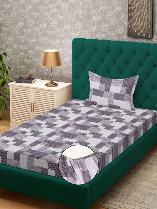 Purple Geometric 400 TC Pure Cotton Fitted Single Bedsheet with Pillow Cover