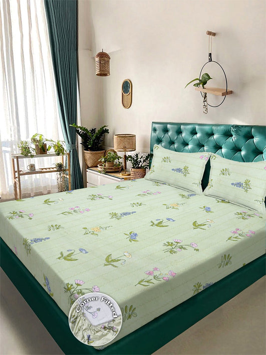 Green Floral 300 TC Cotton Blend Fitted Double Bedsheet with 2 Pillow Covers