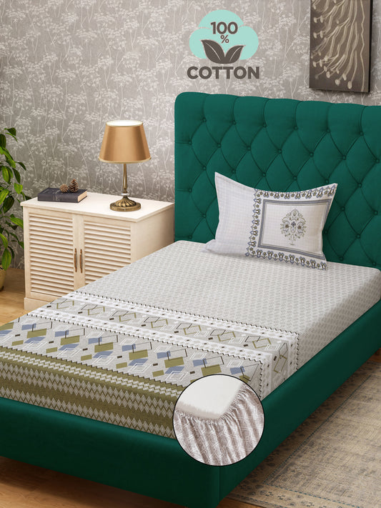 Klotthe Grey Geometric 400 TC Pure Cotton Fitted Single Bedsheet with Pillow Cover