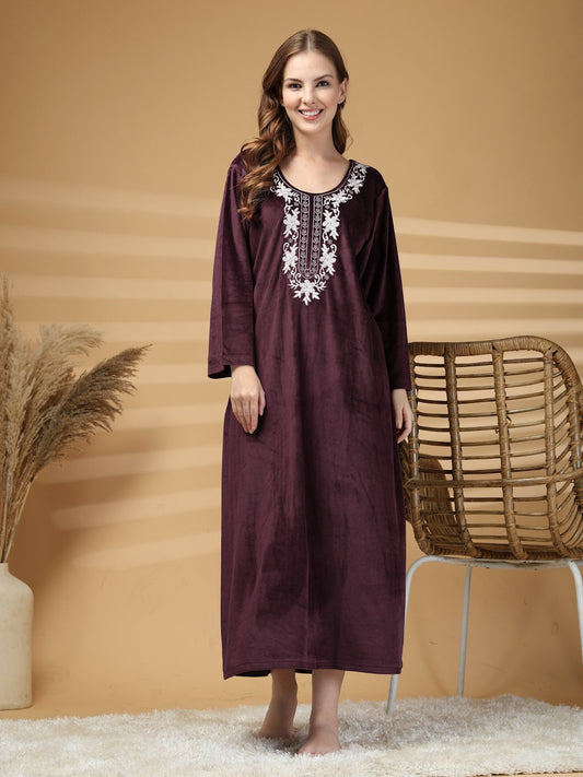 Klotthe Wine Solid Soft touch Velvet Maxi Nightdress
