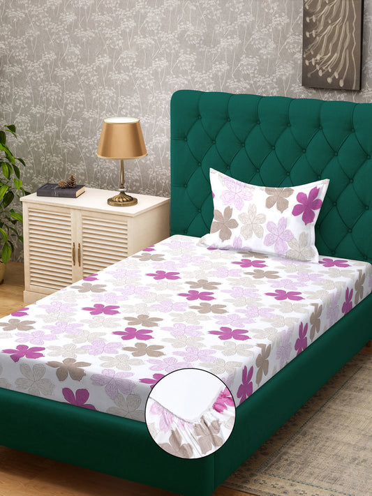 Klotthe White Floral 300 TC Cotton Blend Fitted Single Bedsheet with Pillow Cover