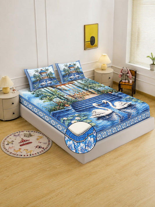 Digital Printed Blue Floral Cotton Blend Fitted Double Bedsheet with 2 Pillow Covers