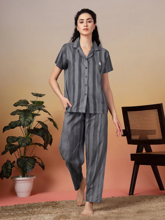 Women Grey Striped Pure Cotton Night Suit