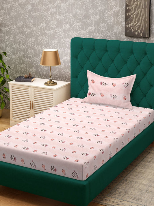 Pink Floral 300 TC Cotton Blend Single Bedsheet with Pillow Cover