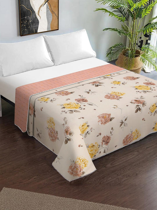 Cream Cotton Blend Floral Double Bed Dohar