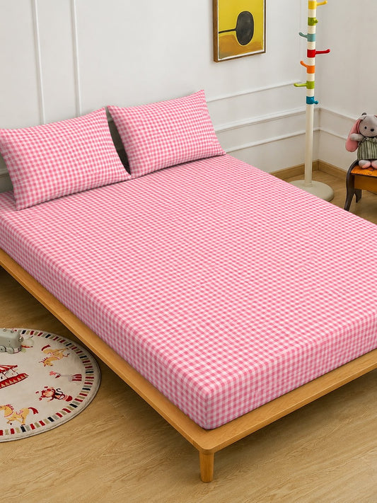 Red Checked Cotton Blend Double Bedsheet with 2 Pillow Covers