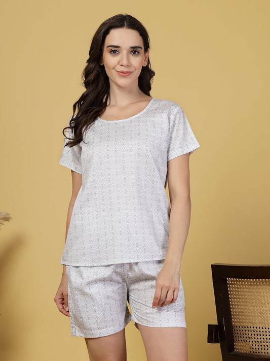 Women Grey Abstract Pure Cotton Night Suit
