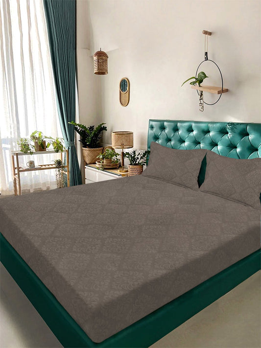 Brown Floral Embossed Cotton Blend Double Bedsheet with 2 Pillow Covers