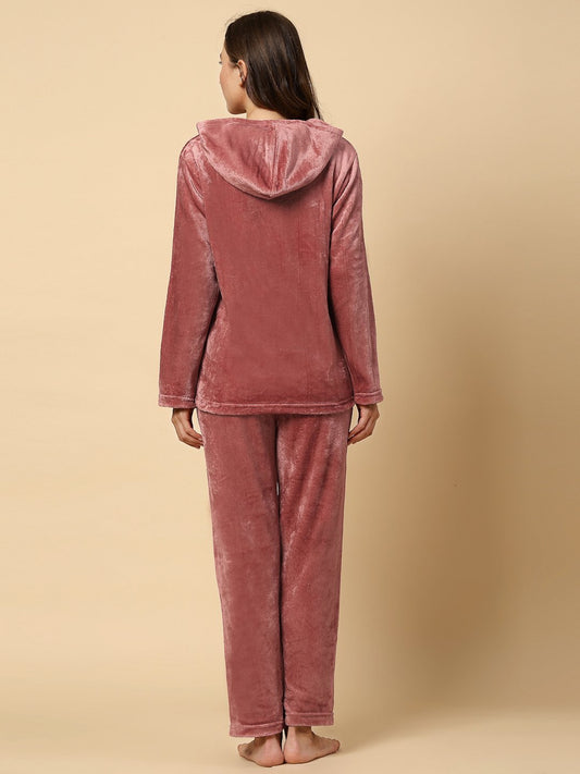 Klotthe Women Rust Wool Blend Solid Hooded Night Suit