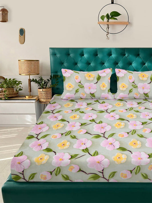 Green Floral 7D King Size Cotton Blend Fitted Double Bedsheet with 2 Pillow Covers