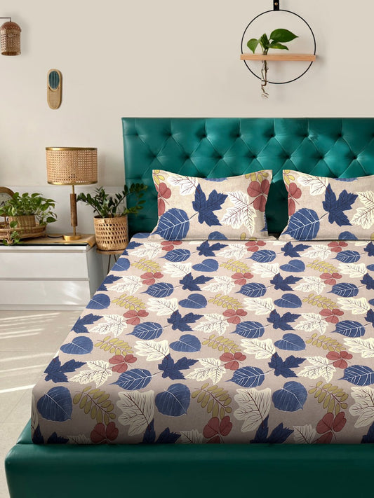 Brown Floral 300 TC Cotton Blend Double Bedsheet in Book Fold Packing