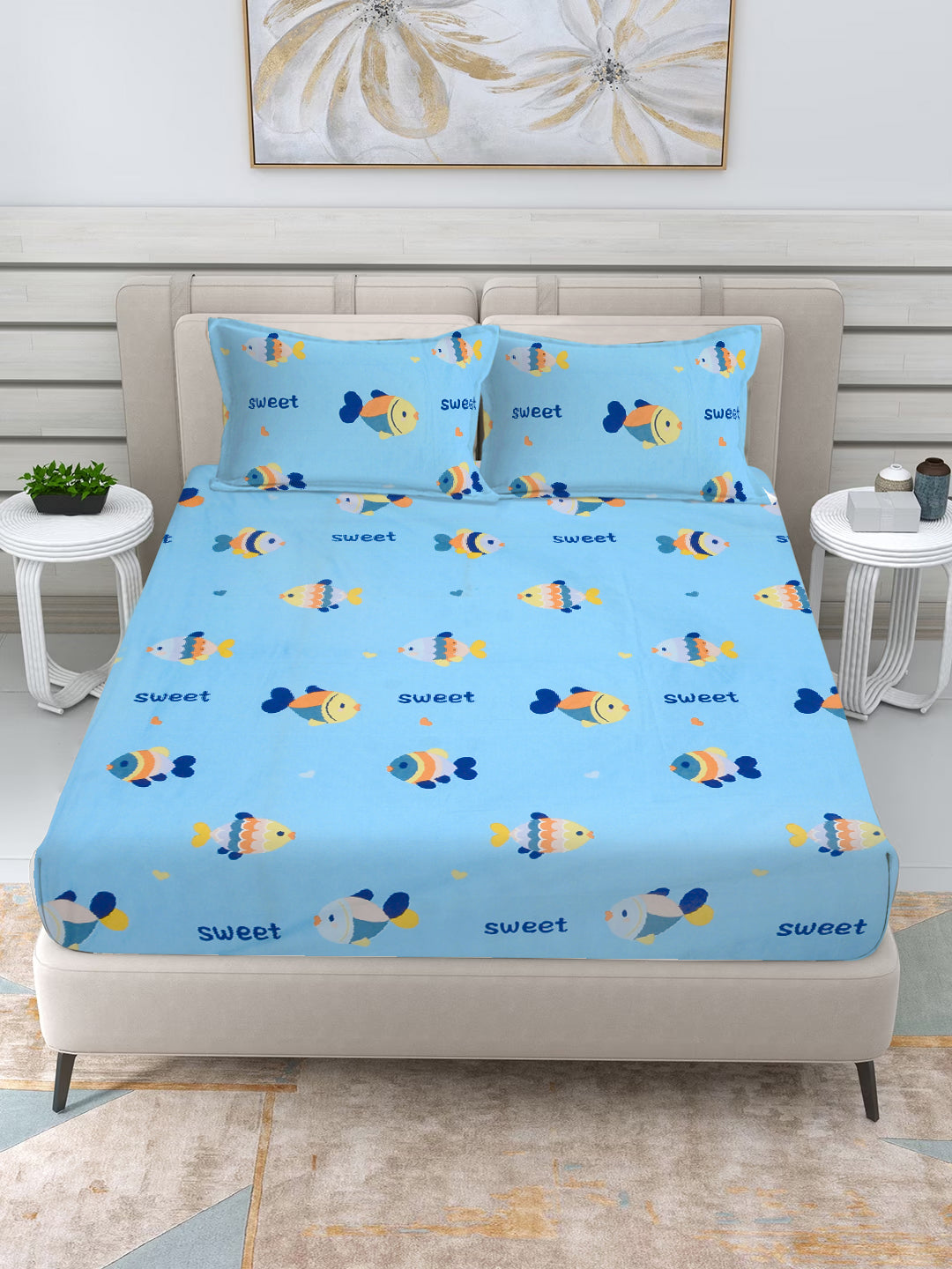 Klotthe Sky Blue Cartoon Characters 300 TC Cotton Blend Double Bedsheet with 2 Pillow Covers
