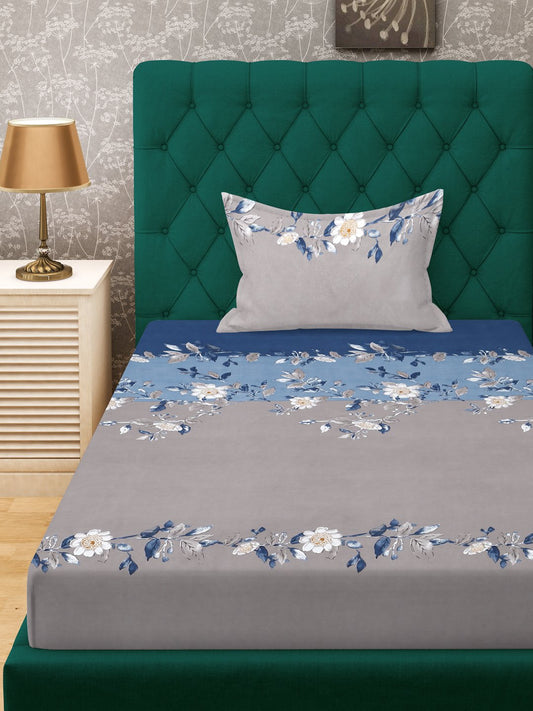 Grey Floral 300 TC Cotton Blend Fitted Single Bedsheet in Book Fold Packing