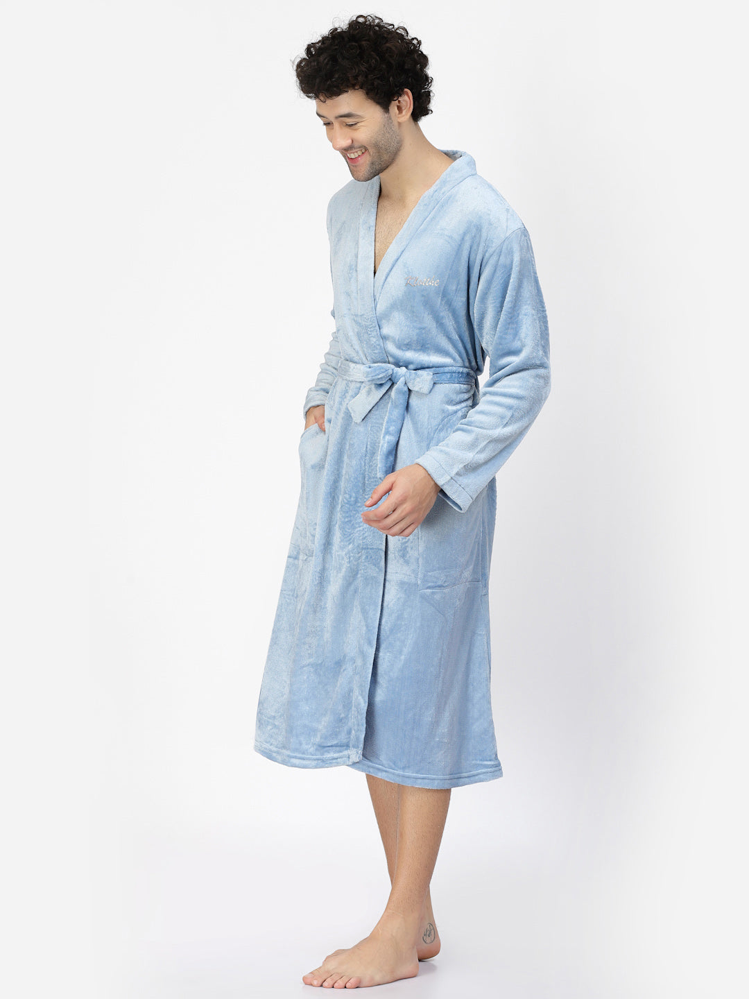 Klotthe Men Blue Solid Bath Robe With Belt