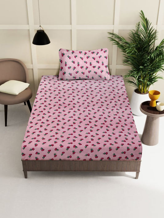 Pink Cartoon Characters Woolen Fitted Single Bed Sheet with Pillow Cover