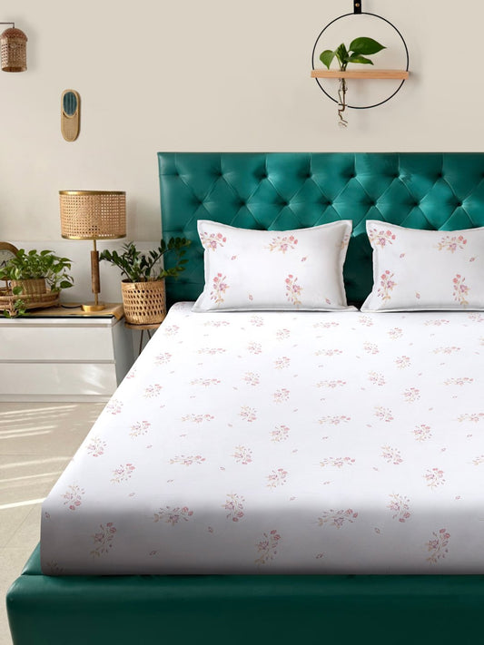 White Floral 400 TC Pure Cotton Super King Double Bedsheet with 2 Pillow Covers